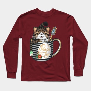 “Peace and Joy” Spice the tabby cat in a teacup keeping warm for the holidays Long Sleeve T-Shirt